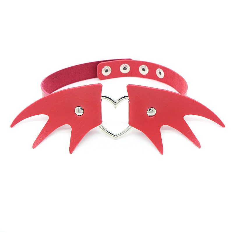 

New Fashion Punk Hallowmas Leather Choker Necklace Exaggerated Adjustable Demon Wings Heart Kolye Women Nightclub Jewelry Bijoux