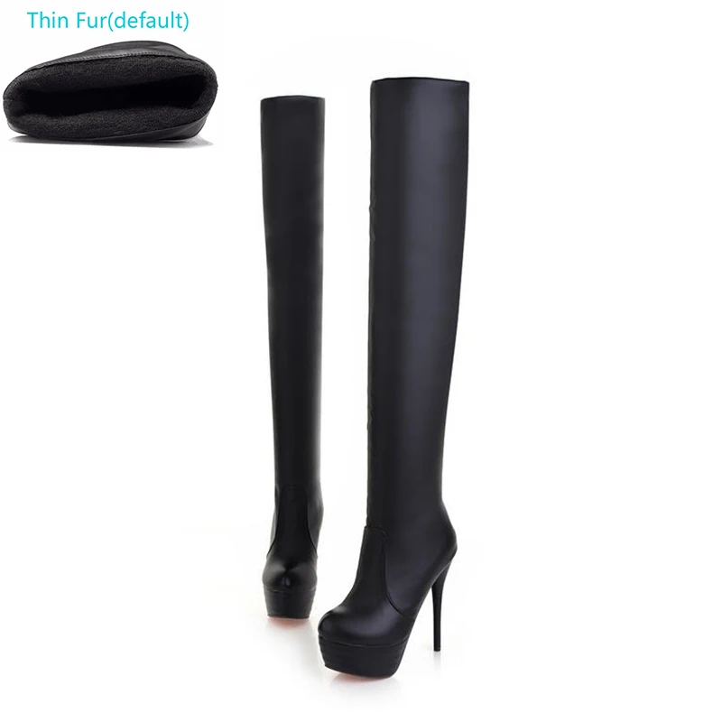 ALLENLYNN/модные высокие сапоги выше колена размера плюс 32-46 Женская Весенняя пикантная обувь на тонком высоком каблуке, женская обувь на платформе - Цвет: black 1 thin fur