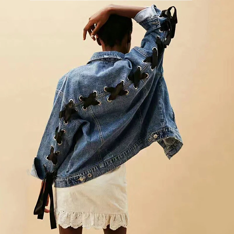 Ribbon Bow Denim Women Jacket Coat Spring Autumn Female Long Sleeves