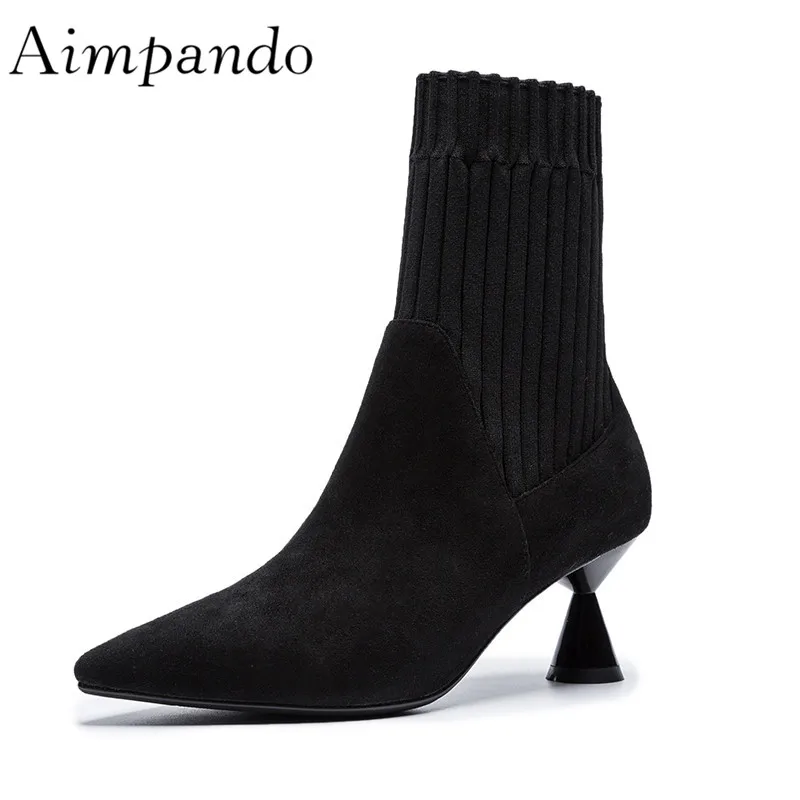 

Wool Knitted Suede Patchwork Short Booties Pointed Toe Individual Strange Heel Black Autumn Winter Ankle Boots Women