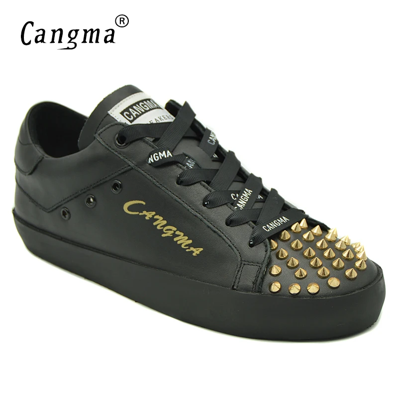 CANGMA/кроссовки из натуральной кожи; женская повседневная обувь на шнуровке с заклепками; черные женские туфли на плоской подошве ручной работы