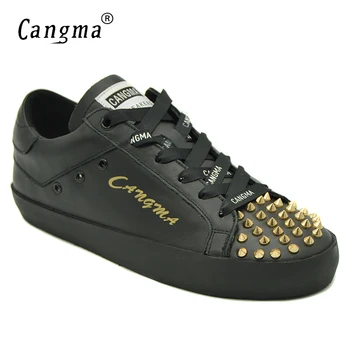 

CANGMA Genuine Leather Sneakers Shoes Women's Rivets Lace Up Casual Footwear For Woman Black Flats Handmade Female Shoes