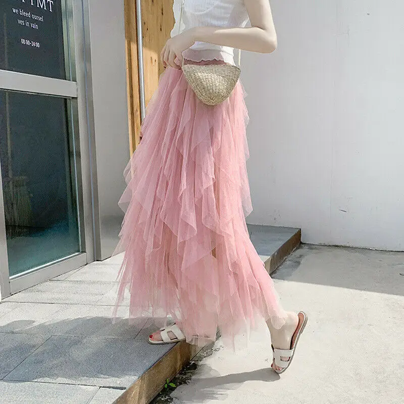 Boho летние женские стрейч с высокой талией макси повседневные оборки плиссированные длинные юбки из тюлевой ткани Новинка - Цвет: Розовый
