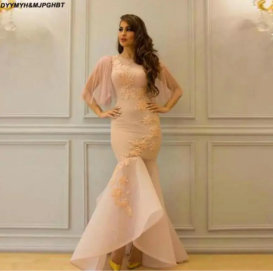 

Elegant Pink Poet Sleeves Evening Dress Mermaid Lace High Low Tulle Prom Gown Party Dress robe formelle