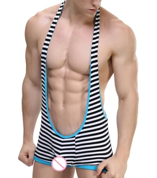 

Strong Men's Sexy Suspender Striped Playsuit Mens Spandex Leotard Stretch Bodysuit Singlet Wrestling Underwear