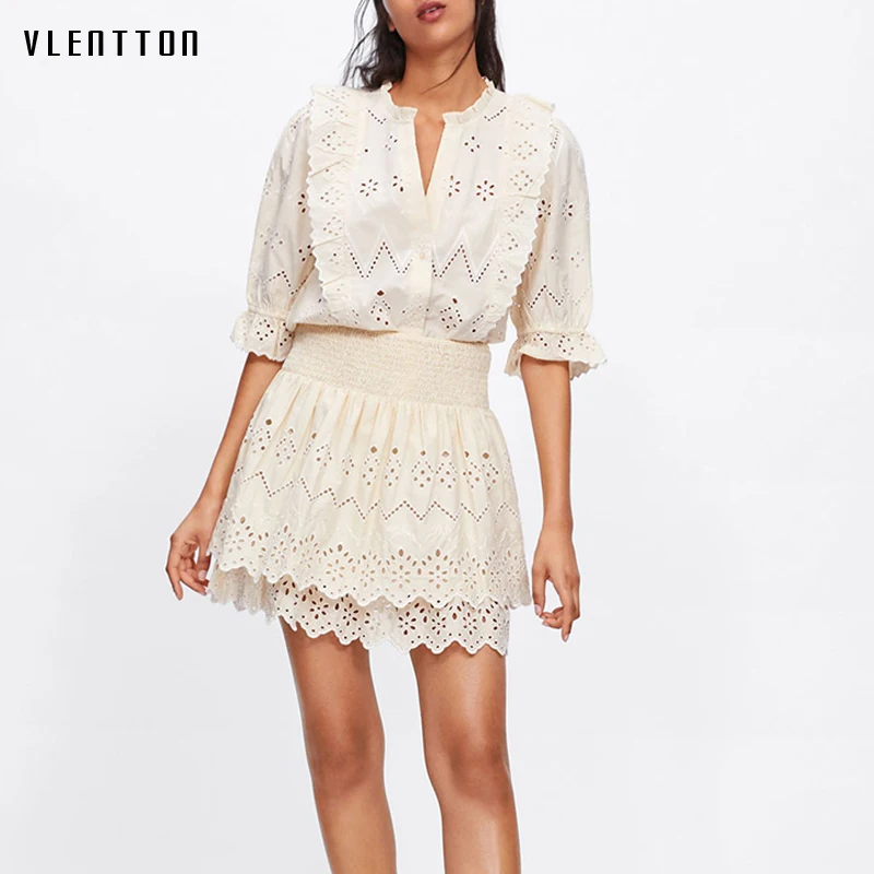 

Summer Sexy Hollow Out Lace 2 Piece Set Women V-neck Shirts Tops + Elastic Waist Mini Skirt Set Ruffles Embroidered Blouse Sets