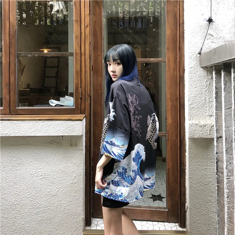 Новинка 2018 Лето Harajuku Ukiyo e окрашенные женские куртки халат красивое кимоно