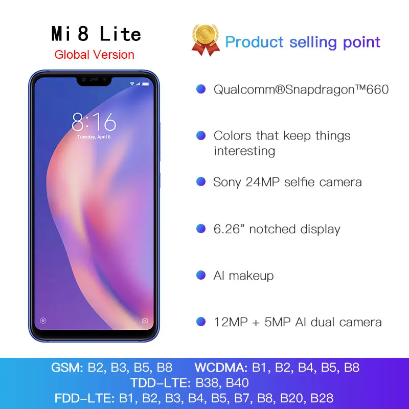 Глобальная версия Xiaomi Mi 8 Lite 6 ГБ 128 Встроенная память Мобильный телефон Snapdragon 660 Octa
