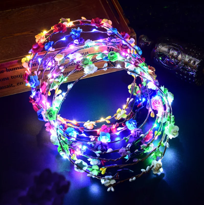 

Wedding Party Crown Flower Headband LED Light Up Hair Wreath Hairband Garlands Women's Christmas Glowing Wreath