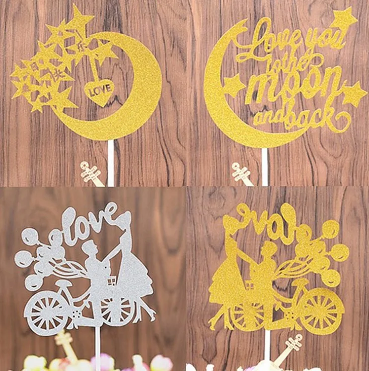 

50PCS Shining Cycling couple Moon Cake Topper Gold Silver Cake Flag for Family Birthday Party Baking Decoration Supplies