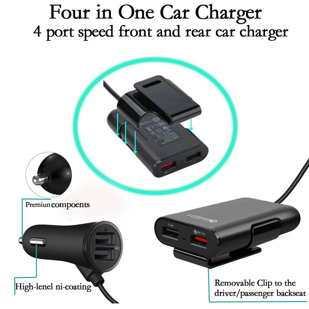 4 منافذ QC3.0 + 2.4A + 3.1A USB شاحن سيارة USB محول سريع مع 5.6ft المقعد الخلفي تمديد الحبل كابل ل MPV سيارة الهاتف