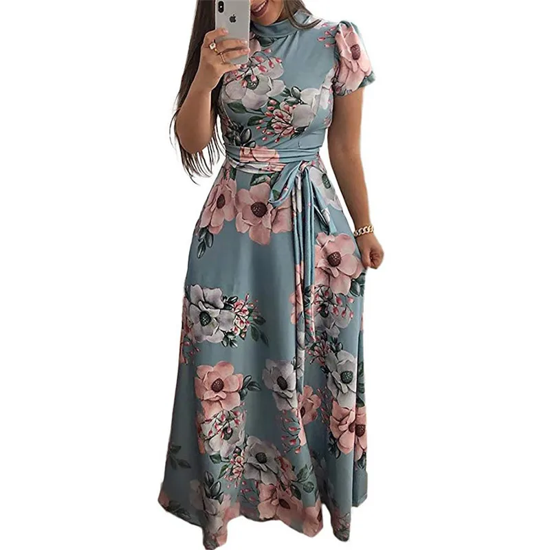 

2019 Women Autumn Dress Floral Print Boho Beach Long Maxi Dresses Short Sleeve Casual Elegant Bandage Party Dress Robe Longue