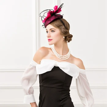 

New Stylish Hemp Yarn Women Fedoras Hat Ladies European Retro Banquet Linen Cap Flower Elegant Hats Church Wedding Caps H6595
