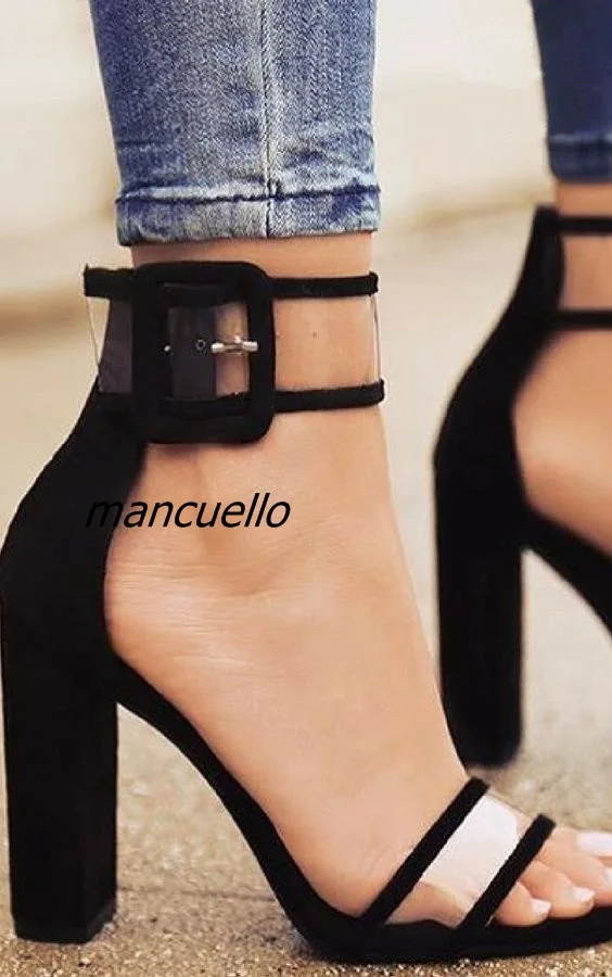 

Simply Line Buckle Style Black Suede Chunky Heel Sandals Sexy Open Toe Clear Band Block Heel Dress Sandals Trendy Shoes New