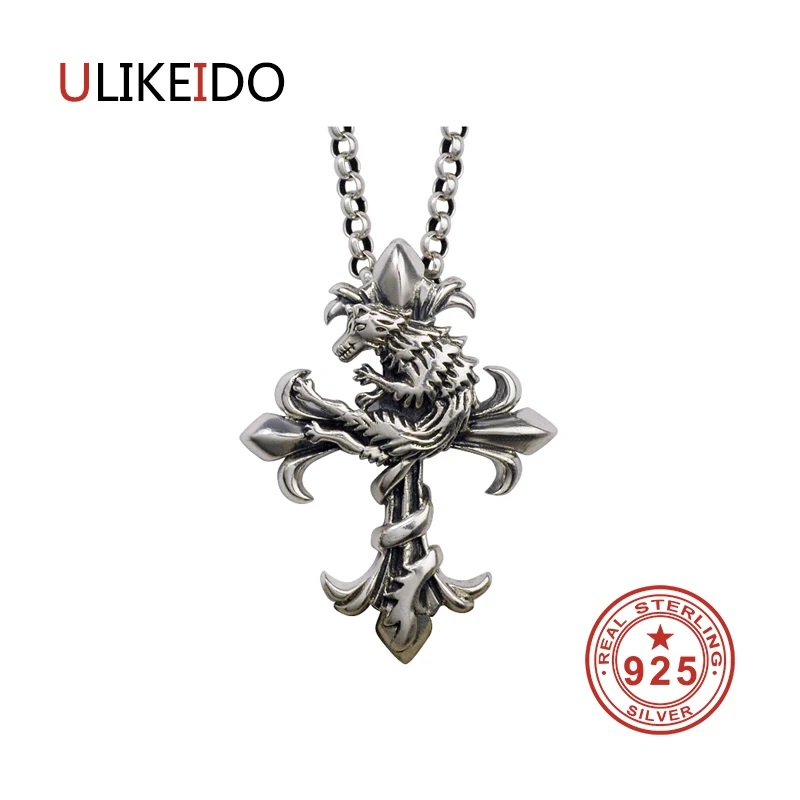 

Pure 925 Sterling Silver Jewelry Wolf Cross Charms Punk Pendants for Men And Women Thai Silver Necklace Chain Fine Gift 1345