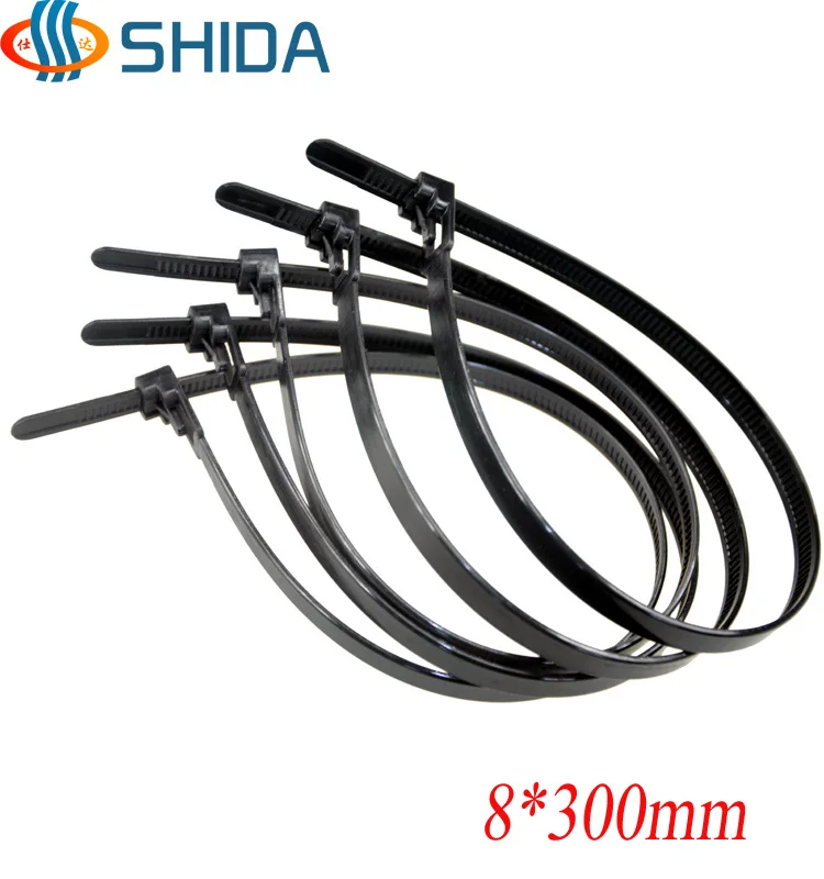 100 pcs 8 x 300 mm Black and White Releasable Nylon Cable Ties Plastic