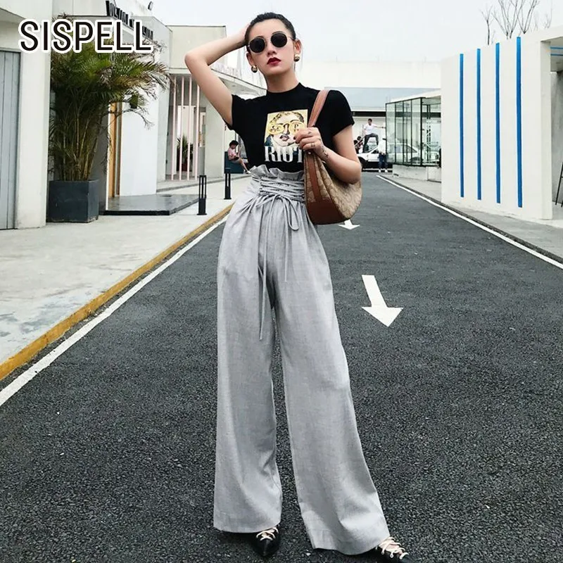 

SISPELL Casual Loose Wide Leg Pants For Women Drawstring Bow High Waist Summer Solid Full Length Pant Female 2019 Fashion New