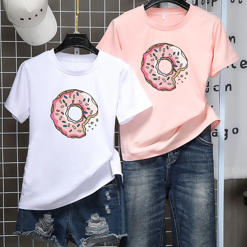 Женская футболка с принтом пончиков, весна-лето, короткий рукав, круглый вырез, хлопок, спандекс, женские топы, облегающая женская футболка