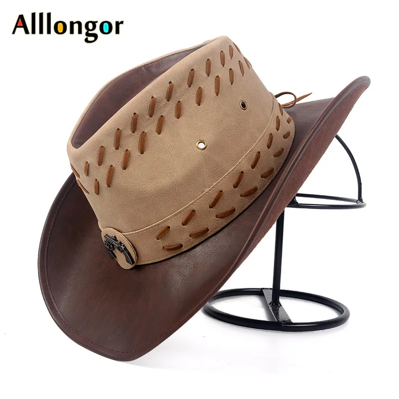 

High Quality 2019 Western Leather Cowboy Hat Men Wide Brim Summer Retro vintage Cowgirl Sombrero Hombre Caps Embroidery Sun Hats