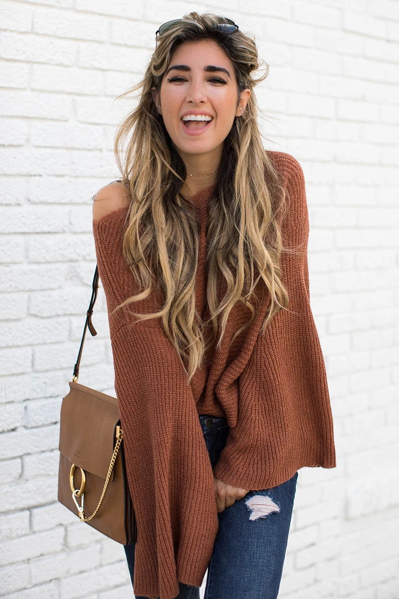 Fitshinling/Модный женский свитер с расклешенными рукавами, вязаная одежда на осень и зиму, однотонные кофейные свитера для женщин, пуловеры, джемперы, вязаные