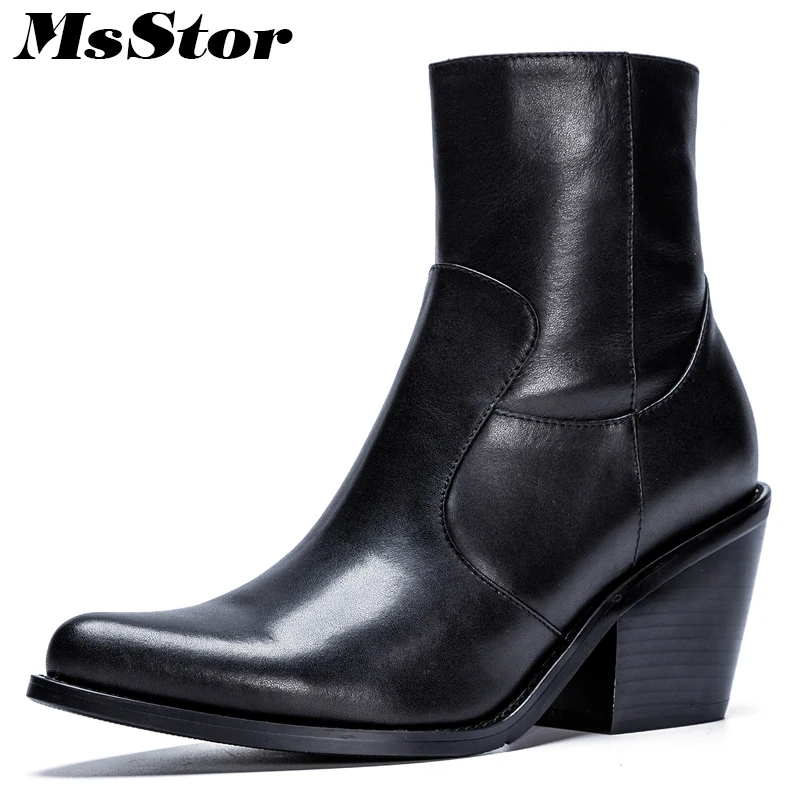 

MsStor Pointed Toe Square Heel Women Boots Casual Fashion Metal Zipper Ankle Boots Women Shoes High Heel Black Boots Shoes Woman