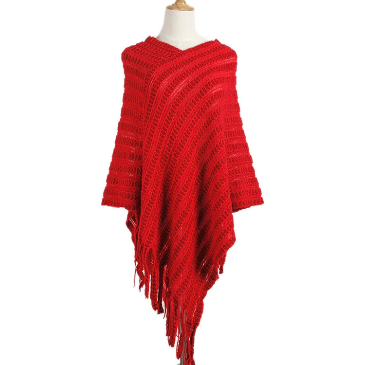 Logami Для женщин накидка пальто элегантный длинный Вязание пончо Нерегулярные полосы кисточкой Свитеры для женщин и Пуловеры для женщин Белый/хаки/красный/ черный/бежевый - Цвет: Красный