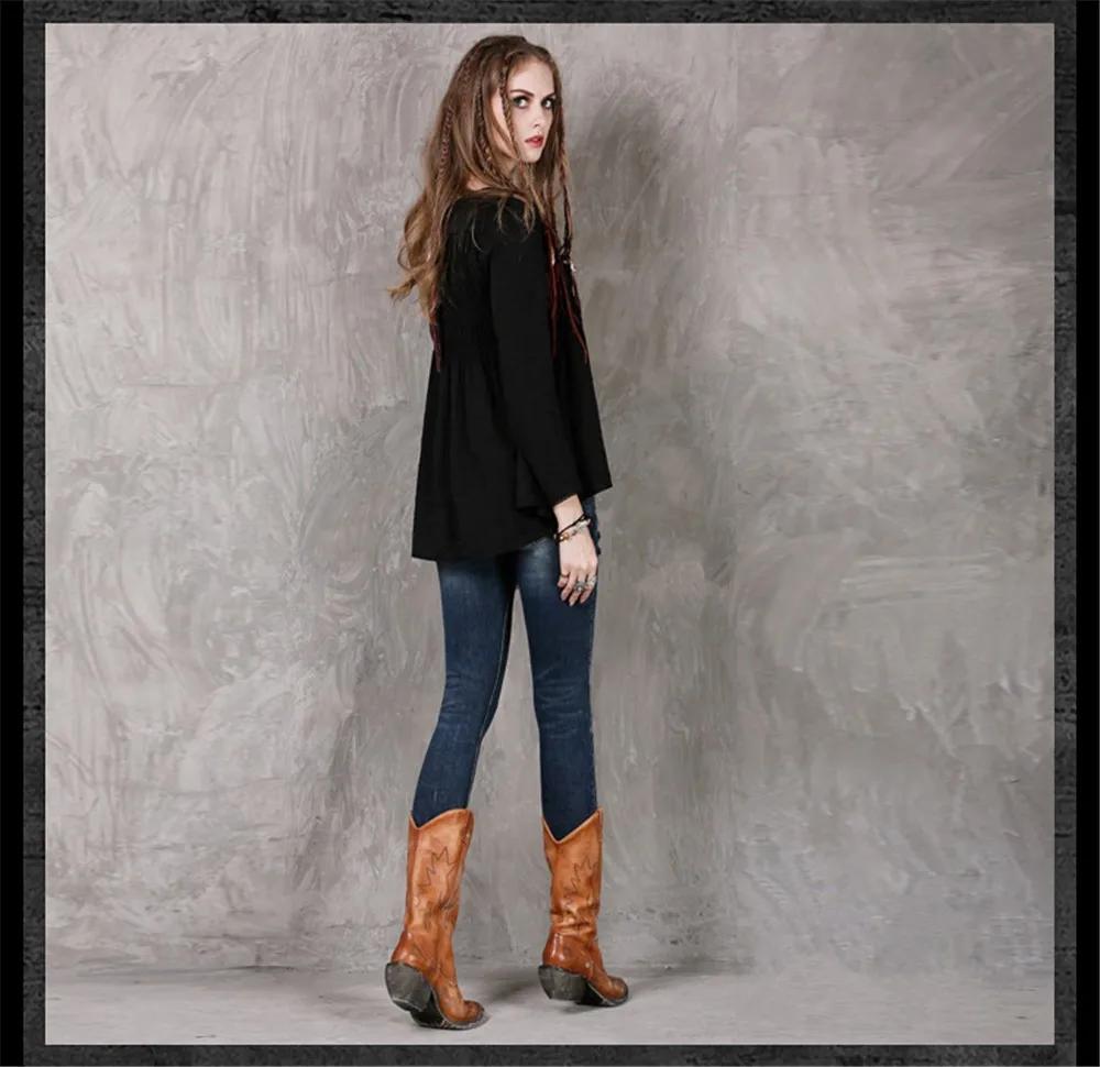 Vintage Draped Women Blouse Boho New Cotton Basic Blouse Women's Shirt Tops O-Neck Long Sleeve Single Breasted Pleated Shirt  (15)