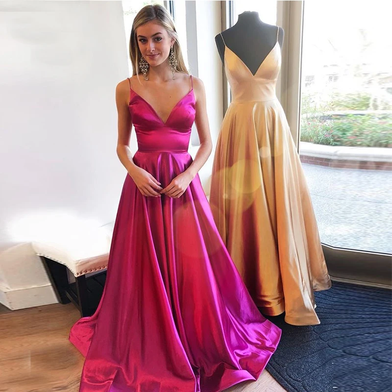 

Spaghetti Straps Fuchsia Gold Prom Dresses V-neck Simple Formal Evening Party Dresses Sweep Train Long Special Occasion Dresses