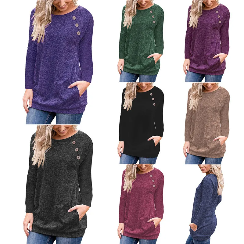 Модные женские туфли; теплая зимняя футболка Повседневное с длинным рукавом, круглым вырезом, на пуговицах, с карманом футболка размера плюс хлопковые топы, футболка, одежда