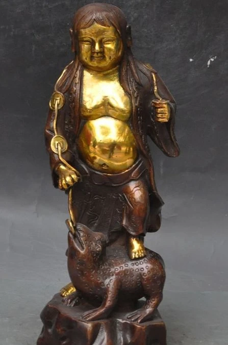 

China bronze Gilt Wealth Lucky money Coin Beast Liu plays Golden Toad Sculpture