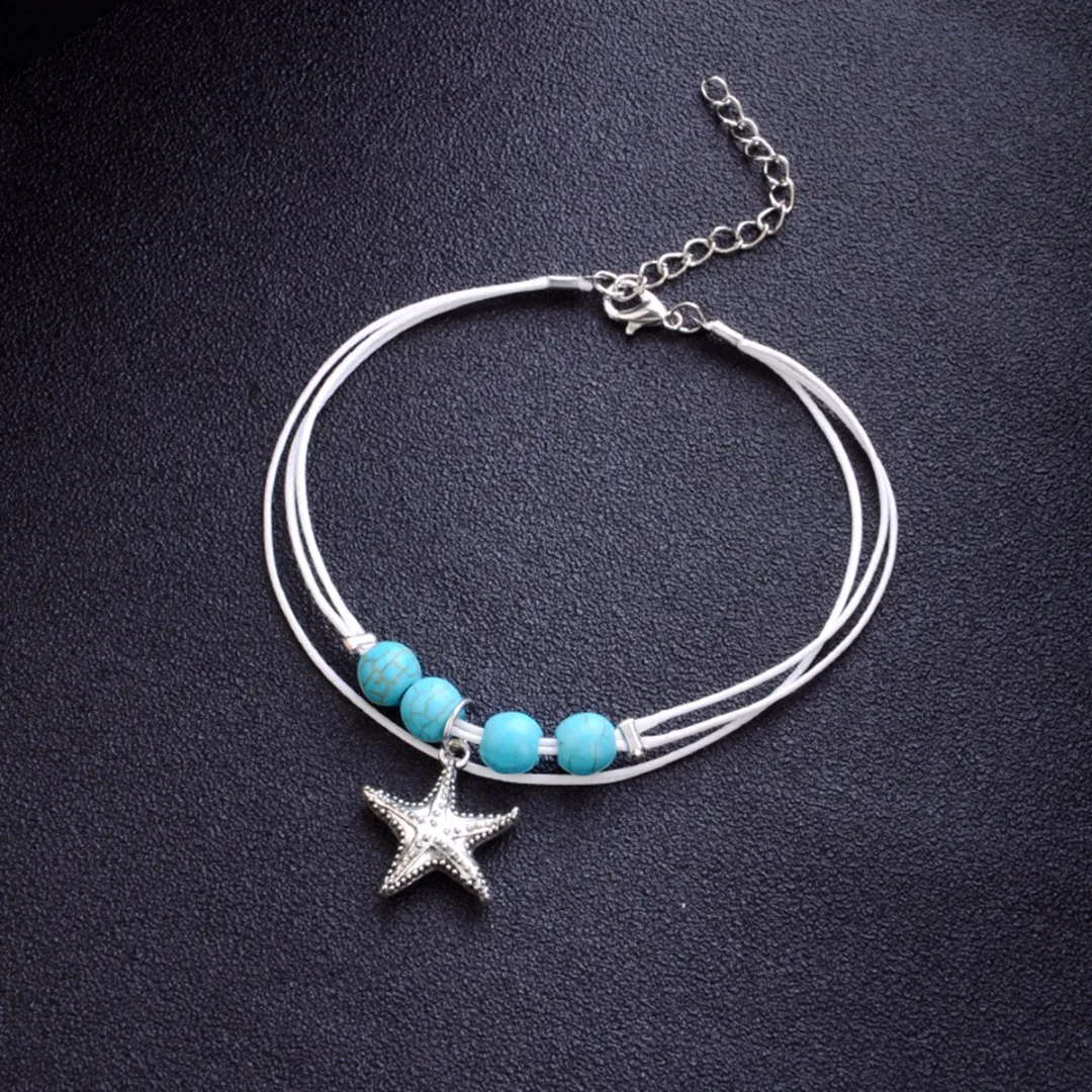 Sainio Beads Starfish Anklets For Women 2018 New Leather Ankle Bracelet Boho Women Beach Barefoot Fashion Bohemian Jewelry
