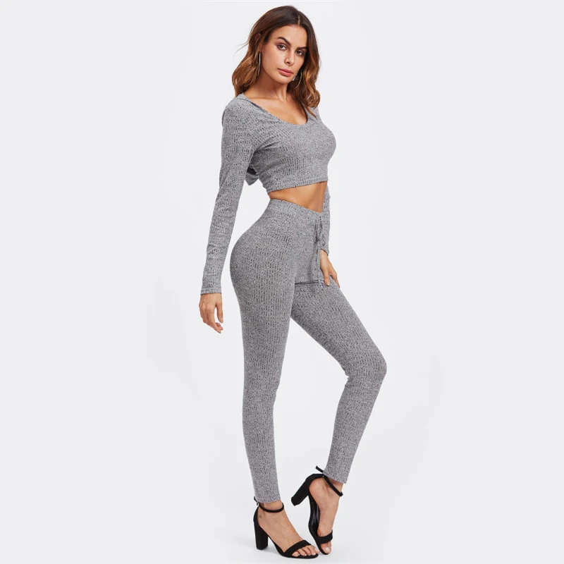 Серый в рубчик с длинными рукавами Marled Hoodie пикантные Crop Tee и леггинсы комплект