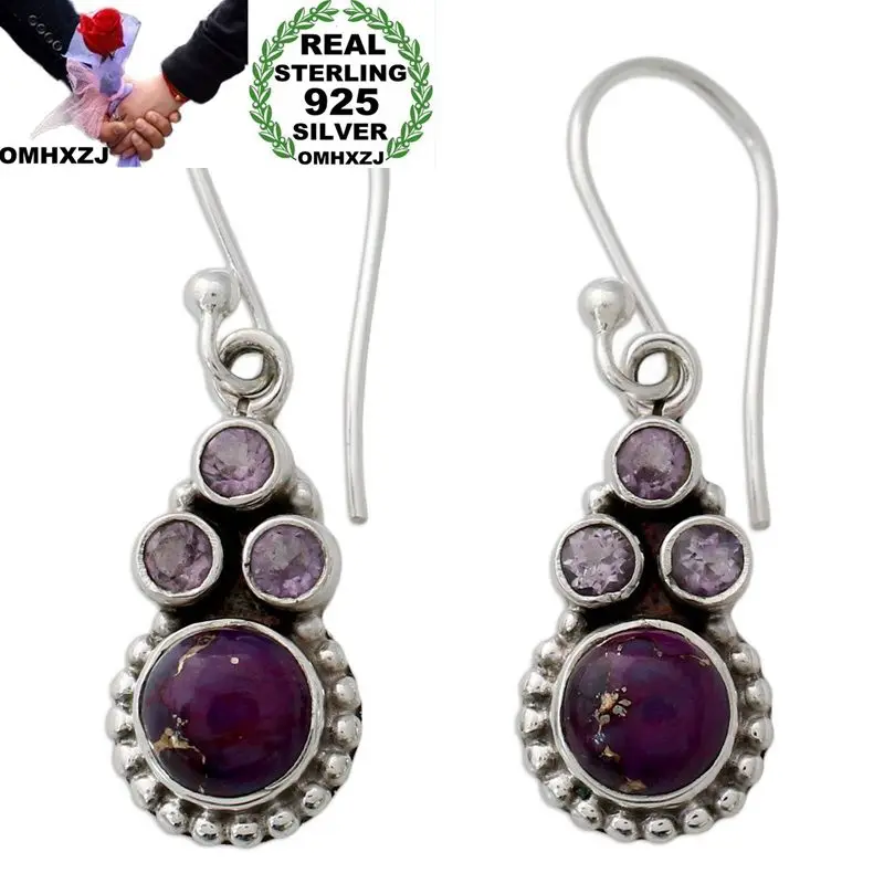 

OMHXZJ Wholesale European Fashion Woman Girl Party Wedding Gift Vintage Amethyst S925 Sterling Silver Drop Earrings EA368
