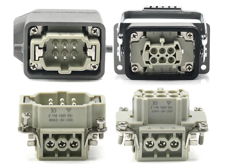 Superior e Lateral Heavy duty Conector Retangular Hdc he 4 e 6 e 10 e 16 e 20 e 24 e 32 e 48 Núcleo Plugue Aviação 16a Industrial à Prova d' Água 6 Cheap Conectores