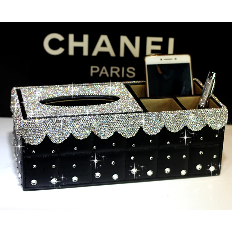 

Multifunctional Tissue box leather Office Stationery case with crystal Remote control Pen holder Cell phone holder