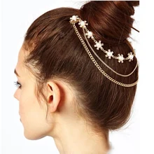 Shuangr золотого цвета с украшением в виде кристаллов, искусственный жемчуг, подвески для волос брошь контактный Зажим манжеты цепь для головы резинка для волос, ювелирное изделие для Для женщин и девочек