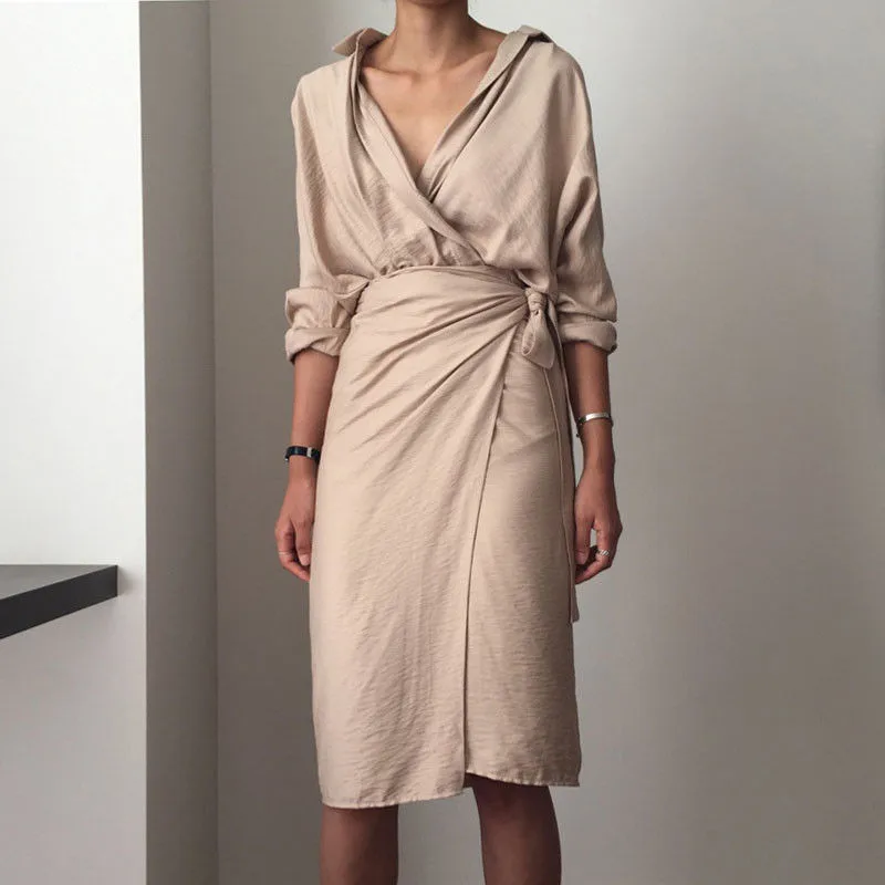 

Women Long Sleeve V-neck Criss-cross High Waist Empire Dress Lace-up Belt Cotton Blend Long Trench Knee Length Dress Fall Autumn