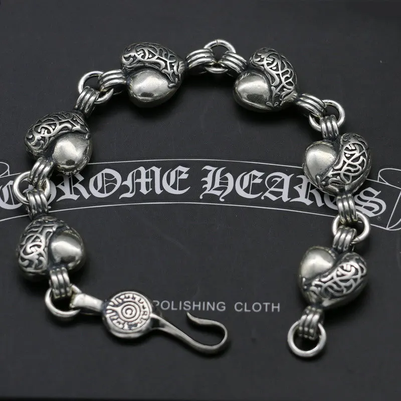 

Men And Women Gothic Style Europe And The United States S925 Sterling Silver Retro Thai Silver Heart-shaped Rough Bracelet Homme