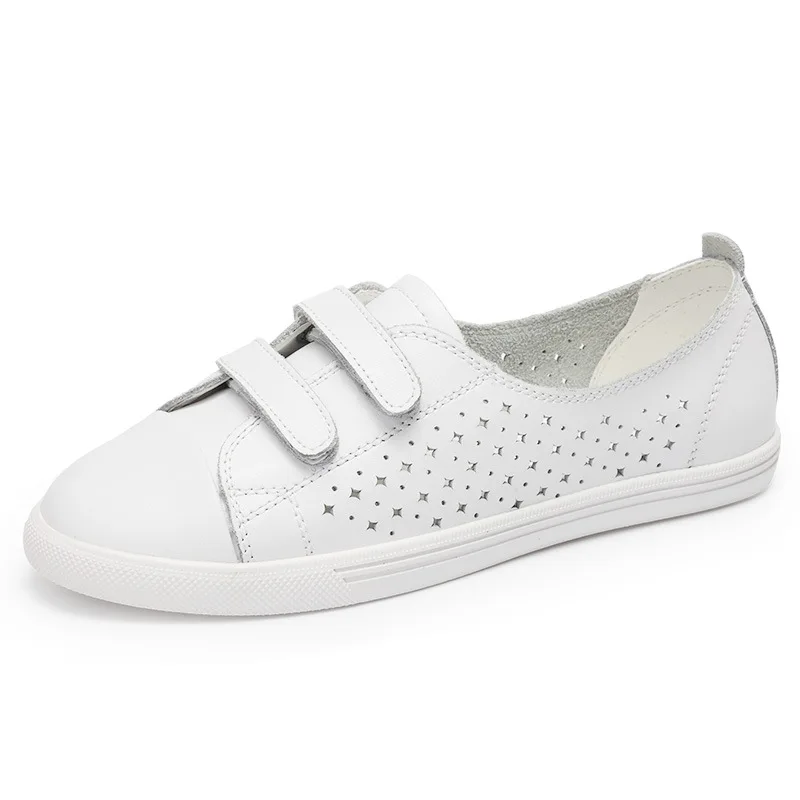 

2019 New Women White Sneakers Female White Shoes Cut Out Flats Loafers Women All Match Ladies Shoes Spring Genuine Leather Shoes