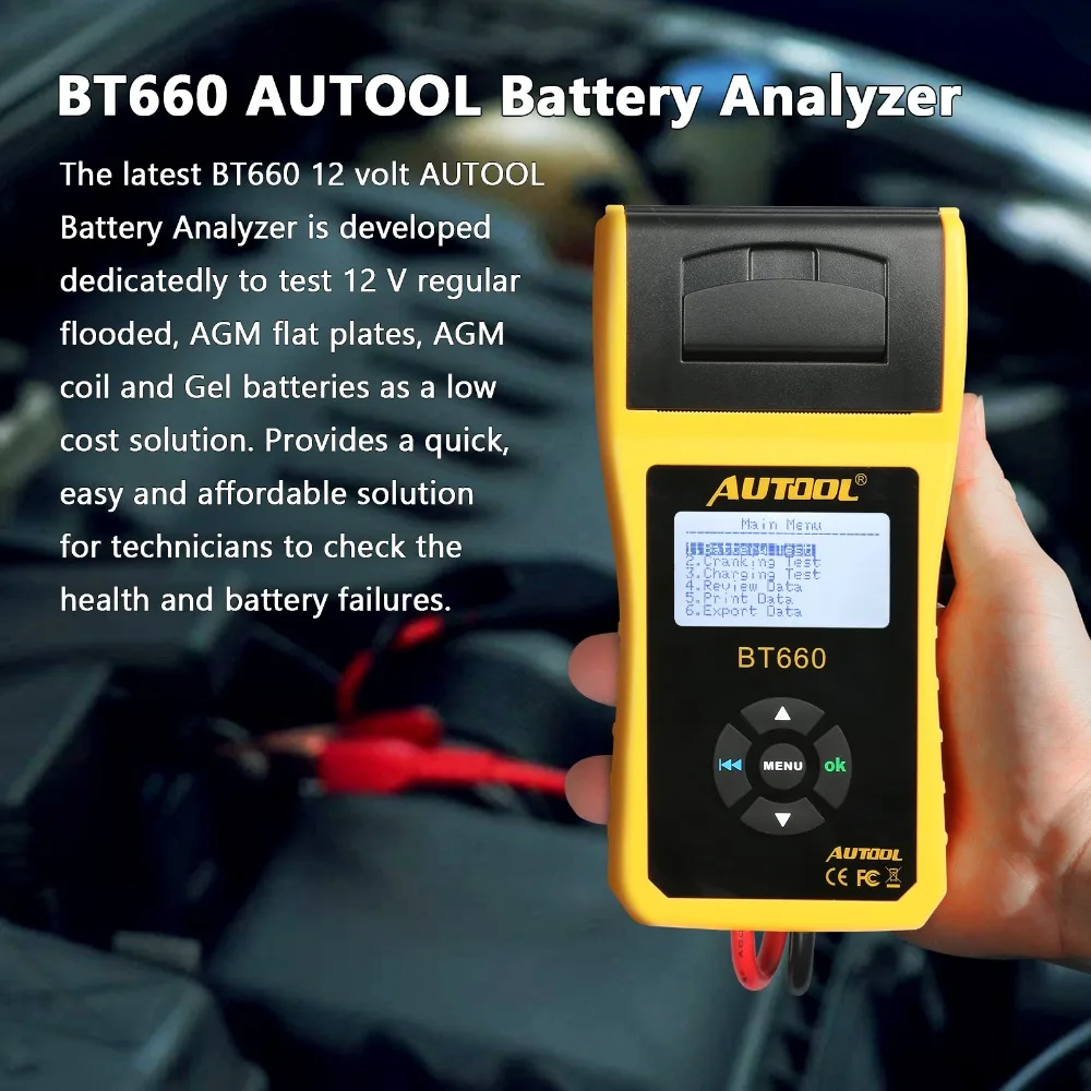 

AUTOOL BT660 V2 Battery Tester Car Batteries Measure Tool with Printer Multilanguage Automotive Power System Diagnostic Meter