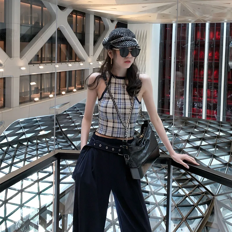 

2019 Summer New Arrival Korean Style Outside Wearing Sleeveless Sexy Summer Tops Plaid Halter Top Sexy Bustier Free Shipping