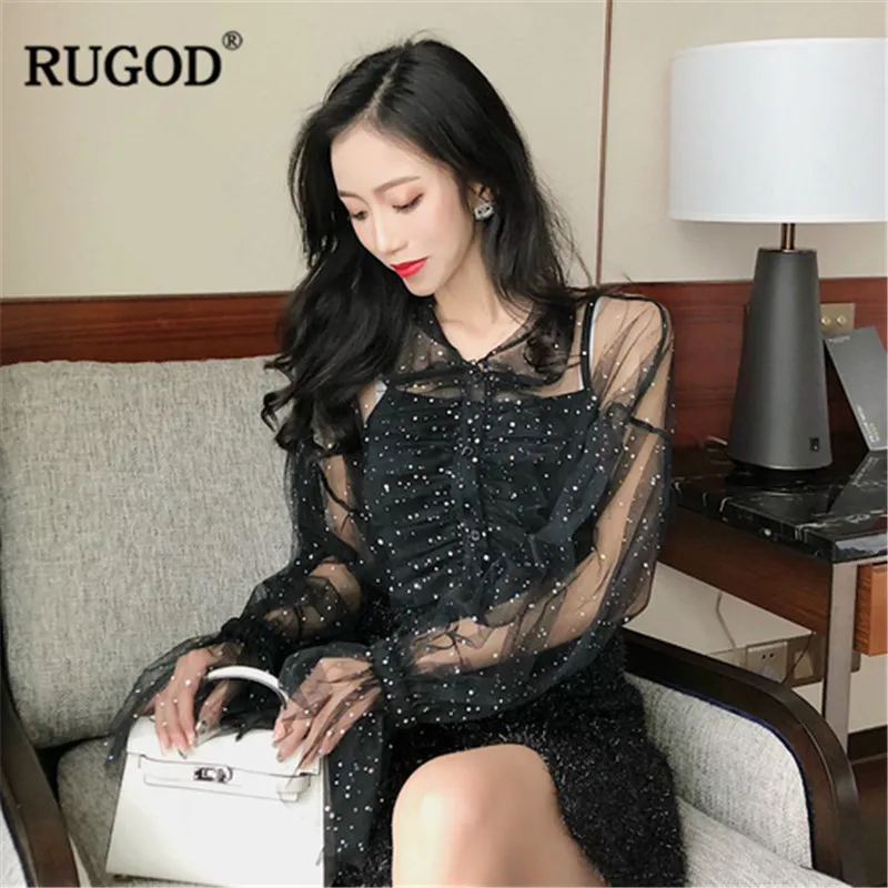 

RUGOD Ruffled women blouses sequin sashes single-breasted lantern sleeves elegant office ladies wear spring autumn sweet tops