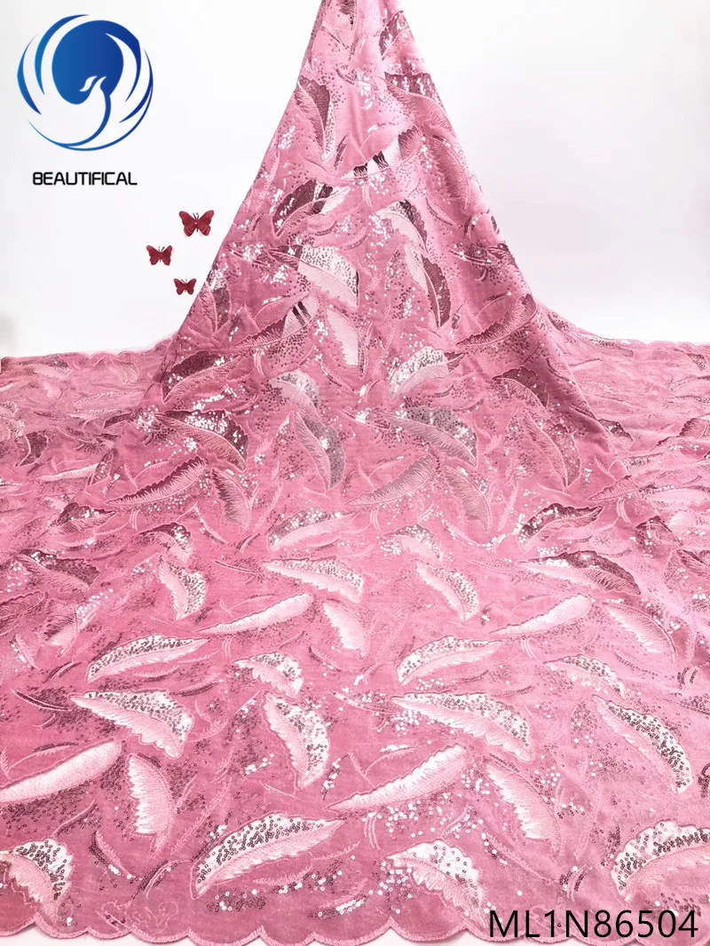 

Beautifical nigerian lace fabrics Fashion pink nigerian Wool fabric 5yards net lace fabric with sequins for dresses ML1N865