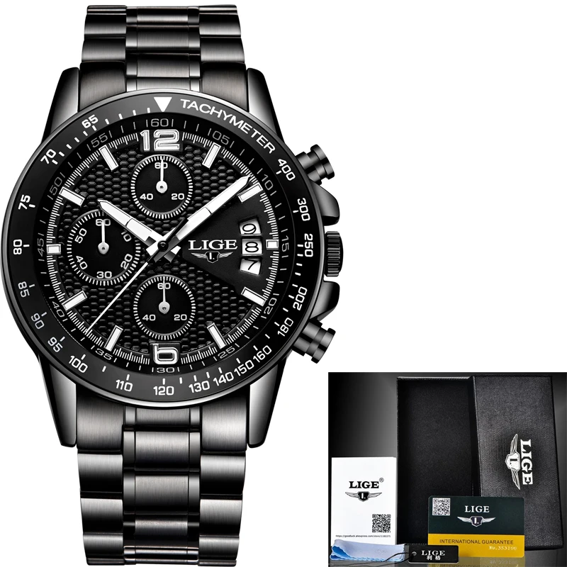 Новые LIGE часы мужские роскошные Брендовые спортивные Кварцевые полностью стальные часы мужские водонепроницаемые военные наручные часы мужские модные черные часы