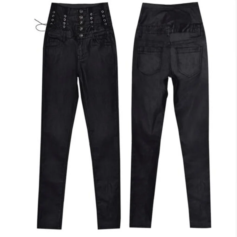 

Women black PU coating high waist jeans side lace up stretch denim pants woman fashion skinny elastic imitation leather jeans