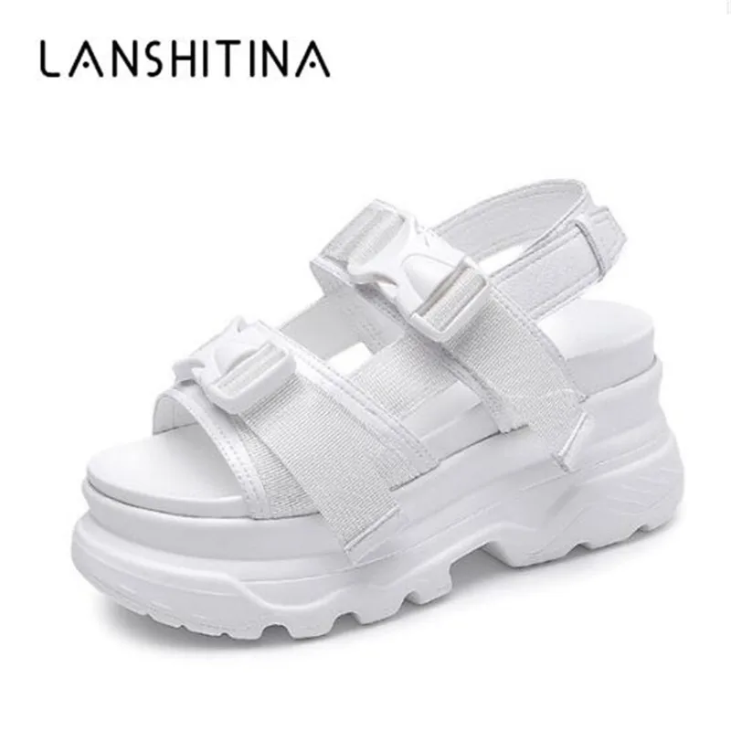 

Women's Sandals 2019 Fashion Summer Leather Buckle Women Sneakers 7.5CM Heels Thick Soled Beach Sandal Casual Chunky Woman Shoes