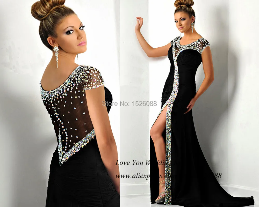 

2015 Sexy Black Long Evening Dress Formal Special Occasion Dresses Pleated Rhinestones Prom Gowns Split Vestido Longo de Festa