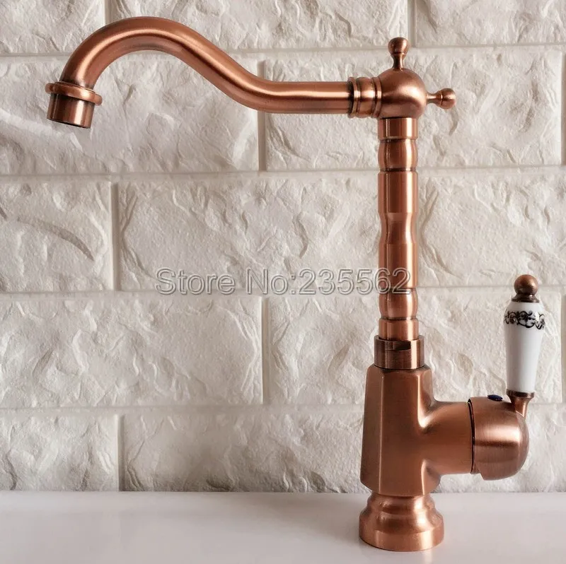 Antique Red Copper Kitchen Sink Faucet Swivel Spout Washbasin Faucets Cold and Hot Water Mixer Bathroom Taps Deck Mounted lnf400