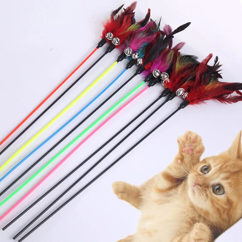 Hot Sale Cat Toys Random Color Make A Cat Stick Feather Black Coloured Pole Like Birds With Small Bell Natural 1PCS