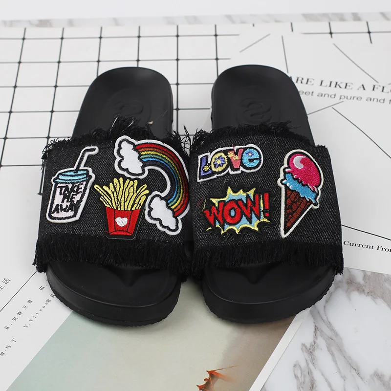 New Womens Sandal Styles Cartoon Patch Embroidery Tassel Flat With Open-toed Slip Holiday Shoes 2016 Comfort Cheap Slippers70